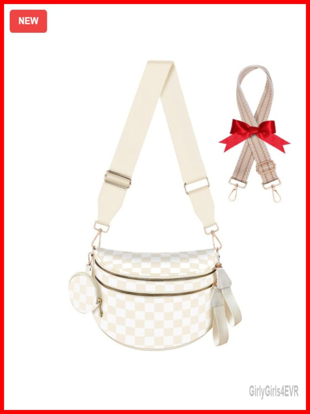 Checkered Crossbody Bag Large Nylon Belt Purse Fanny Pack with Extra Strap